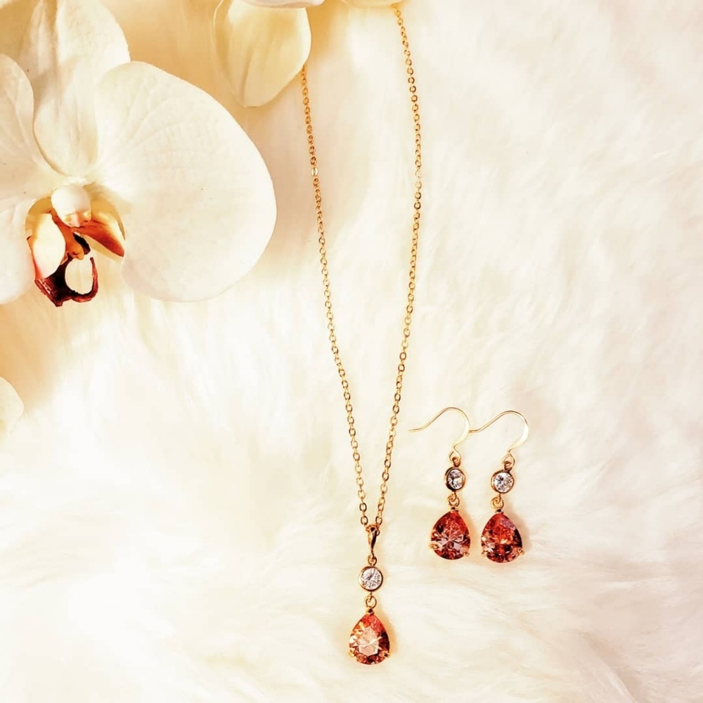 Peach Crystal and CZ Necklace and Earring Set